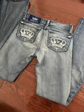 Victoria Beckham Light Blue Embroidered Crown Pocket Wide Leg Jeans